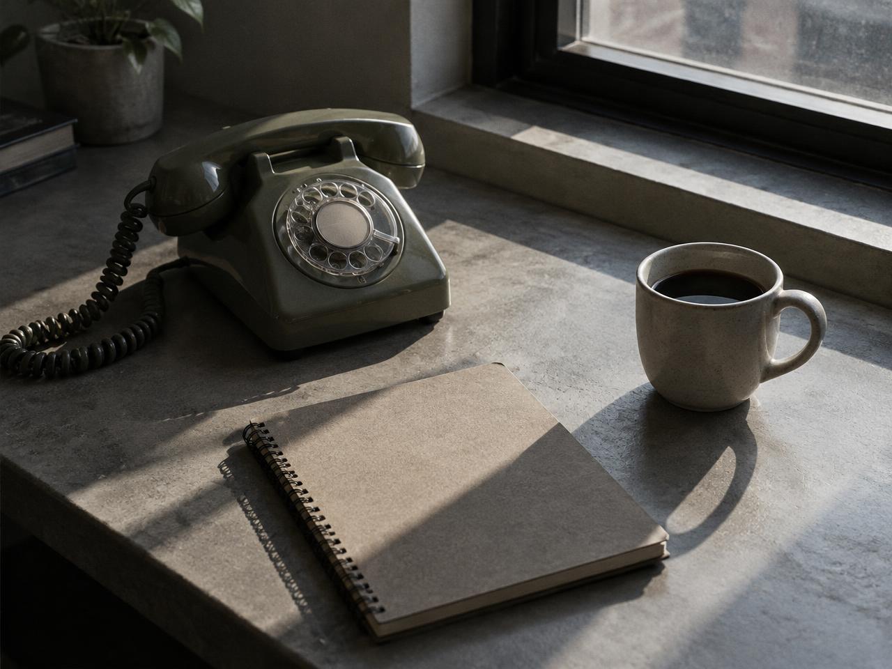 Telefon, anteckningsbok och kaffe på ett skrivbord